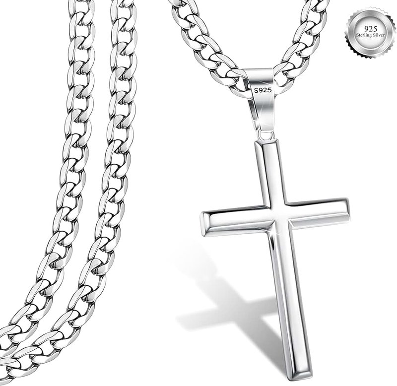 YADOCA 925 Sterling Silver Cross Pendant Necklace for Men Women with 5mm Stainless Steel Diamond-Cut Cuban Chain Mens Cross Necklace Crucifix Necklace (with Gift Box) ClimeCo Certified