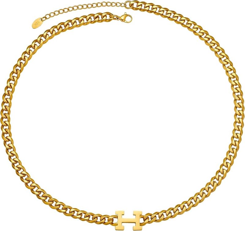 TRIPOD JEWELRY Womens 6mm Cuban Link Chain Choker with White Mother-of-pearl Shell/H Letter, 18K Real Gold Plated 316L Stainless Steel Diamond-Cut Curb Necklace.(Custom Box and Pouch Packing for Gift)