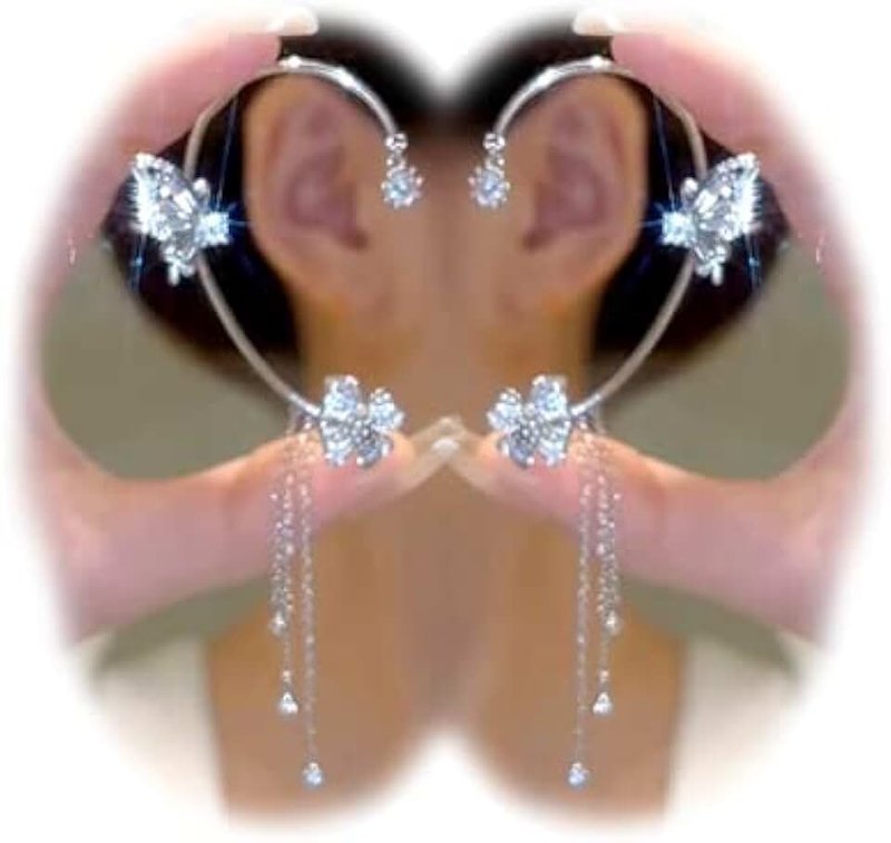 YYDSVOVO 2PCS Butterfly Tassel Zircon Earrings and Ear Cuffs - No Piercing Flower Climber Wrap Around Earrings - Fairy Ear Clip Jewelry Gifts