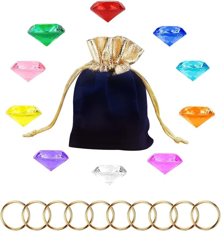 Big Size Acrylic Gems Jewels and Gold Ring Set, Pirate Treasure Hunt Toy Bag including 10pcs Acrylic Diamond 10pcs Gold Power Rings for Girl Diamonds Toys Decoration Birthday Party Favor Supplies, Non-Precious Metal, no gemstone