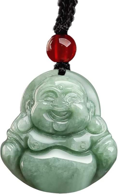 BJIMIDTI Jade Pendant Green Natural Real Laughing Buddha Necklace - Good Luck 925 Silver Chain Amulet Jewelry Gifts