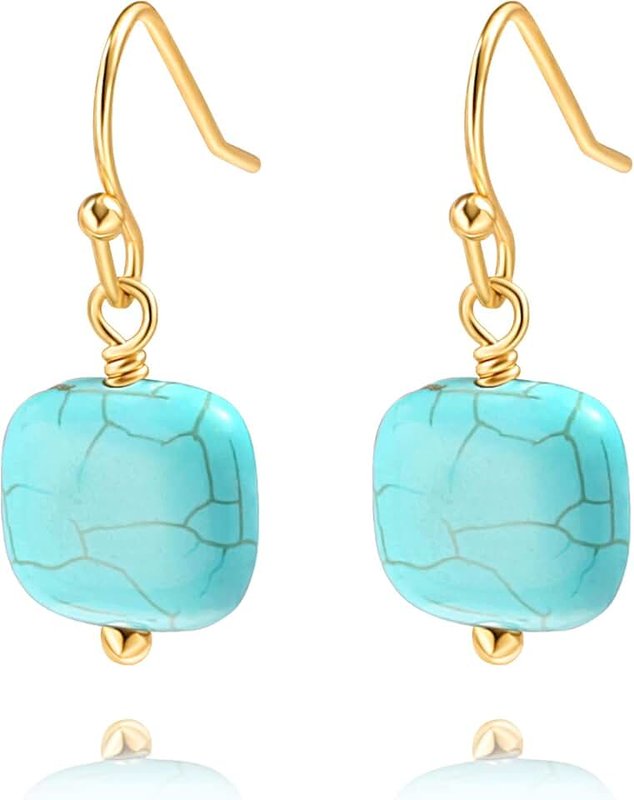 POTESSA 18K Gold Dangle Drop Earrings Small Round Disc Square Turquoise Dangle Hoop Earrings for Women Simple Minimalist Jewelry for Girls