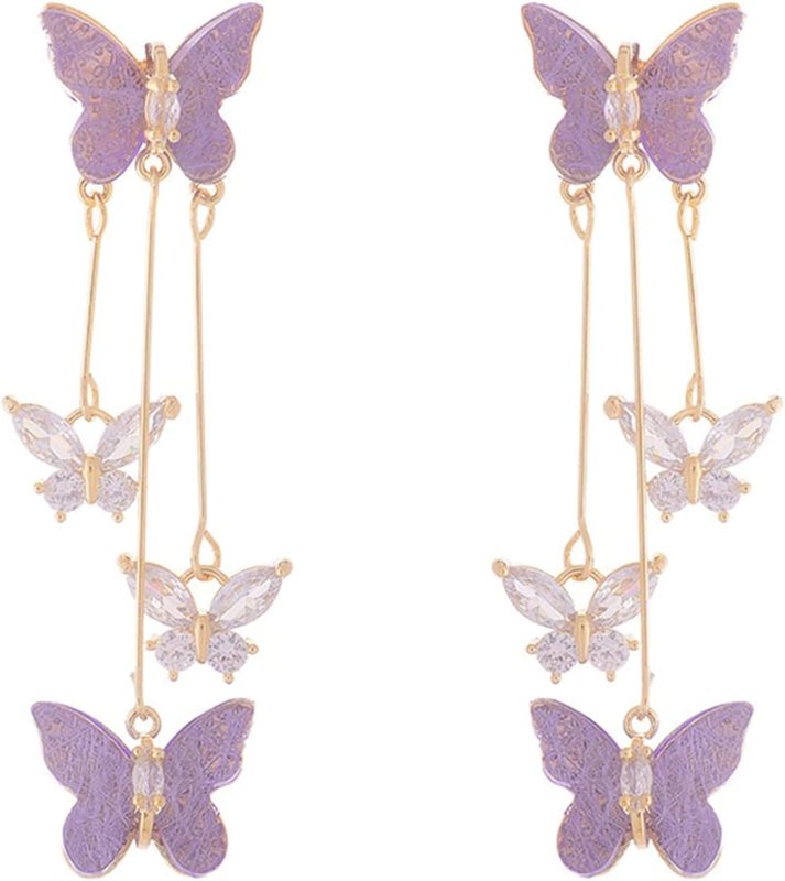 NORLSO Purple Butterfly Tassel Style Zircon Earrings for Women Crystal Rhinestone Drop Earrings Long Butterfly Dangle Earrings Wedding Jewelry Gifts for Women