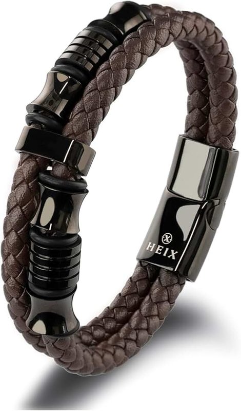 HEIX Men's Premium Leather Bracelet Magnetic Stainless Steel Clasp in Dark Blue and Brown Great Gift Idea for Men & Boys Jewelry (Black)