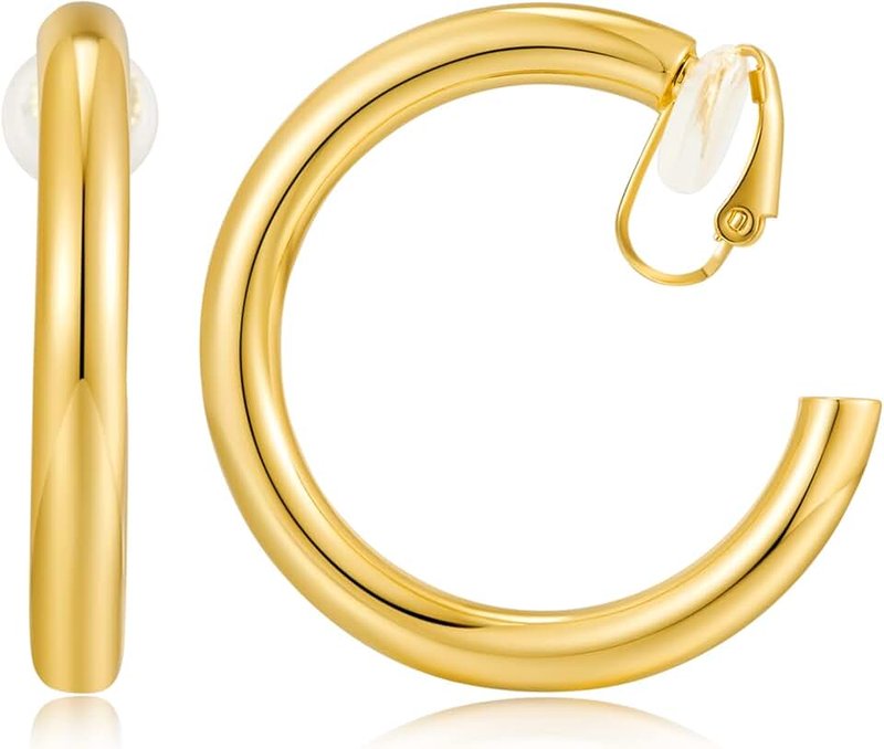 WOWORAMA Gold Clip On Hoop Earrings for Women - Classic Large Chunky Hoops, Non Pierced, Minimalistic Design