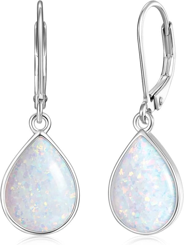Gemschest 925 Sterling Silver Opal Dangle Earrings for Women - Leverback Teardrop Created Drop Earrings - October Birthstone Jewelry - Christmas Birthday Gifts for Wife