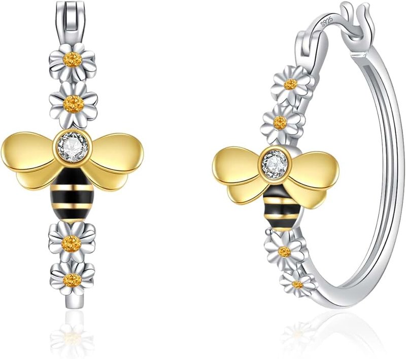 MOONMORY Honey Bee and Daisy Hoop Earrings - 925 Sterling Silver Animal Flower Jewelry for Teen Girls Women