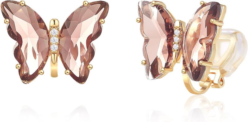 YOQUCOL Butterfly Shape Crystal Clip On Earrings Non Pierced Golden Stud for Women
