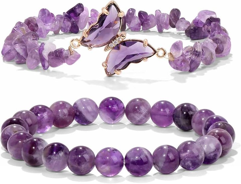 GolbalJew Natural Amethyst Bracelet For Women Butterfly Charm Healing Crystal Beads Bracelets Layered Jewelry Stone Beaded Bracelet Gifts For Women Girls