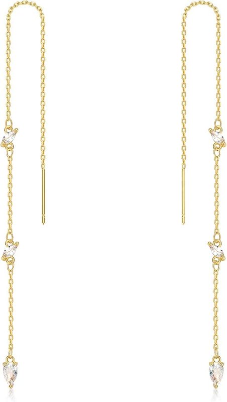 Ervaniess Threader Dangle Earring Teardrop Marquise Cubic Zirconia Gold/Silver Plated Long Link Chain Drop Earring for Women Girl