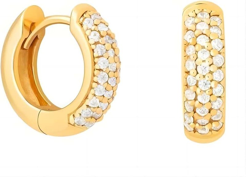HUARJO 14K Gold Plated Sterling Silver Post Diamond Studded Huggie Earrings,Rose Gold Plated Small Cubic Zirconia Chunky Hoop Earrings for Women 8mm 10mm 12mm
