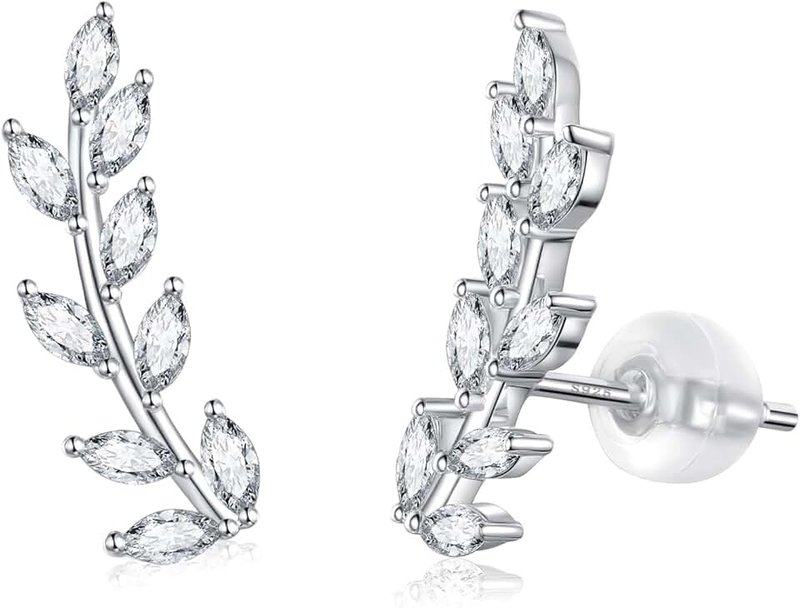 JSGEMSLEE JSGEMSLEE 925 Sterling Silver Ear Crawler Earrings Leaf Star Heart Ear Climber Earrings Hypoallergenic Stud Earrings for Women Cartilage Jewelry