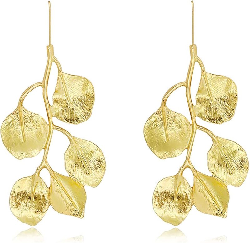 INENIMARTJ Gold Statement Earrings for Women Large Geometric Dangle Earrings Bohemian Ginkgo Leaf Heart Flower Dangling Drop Earrings Exaggerated Metal Sectored Geometric Earrings for Women
