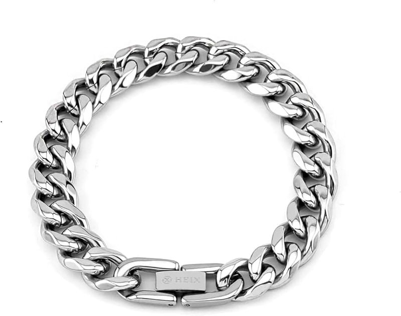 HEIX Mens Jewelry Stainless Steel Simple Cuban Chunk Link Silver Bracelet for Men and Boys