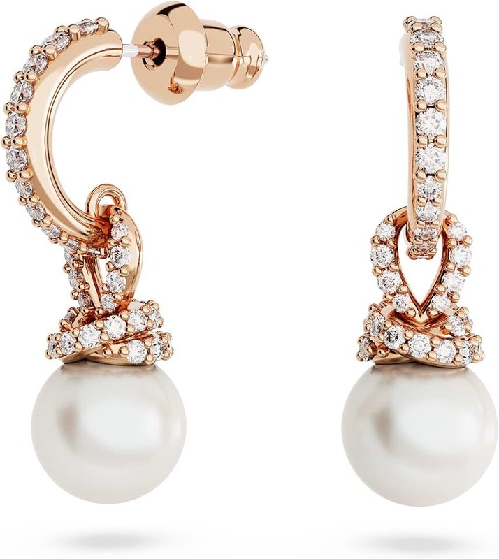 Swarovski Originally Drop Earrings, White Round Cut Crystals and Crystal Pearls in a Rose Gold-Tone Plated Setting