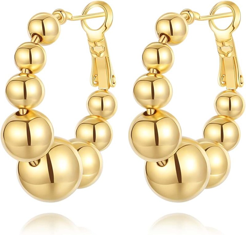 Hius 18K Gold Plated Beaded Hoop Earrings for Women, Thick Silver Ball Earrings, Women's Chunky Hoop Earrings, Trendy Jewelry for women