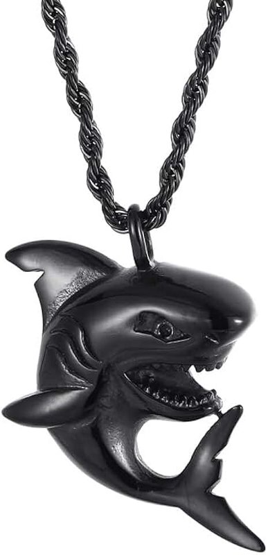 Dreuyet Shark Tooth Necklace for Men Women Personalized Stainless Steel Punk Rock Cool Black/Gold/Silver Ocean Marine Animal Pendant Necklace Hawaiian Beach Surfer Jewelry Gifts