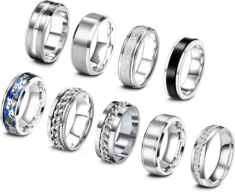 EIELO 9Pcs Stainless Steel Band Rings for Men Women Cool Fidget Spinning Chain Ring Anxiety Relief Fashion Simple Wedding Engagement Black Ring Set