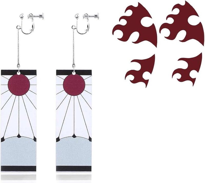 Ealipoi Kamado Tanjirou Tatto Anime Demon Cosplay Earrings with Tatto 2PCS, Medium, Zinc, No Gemstone