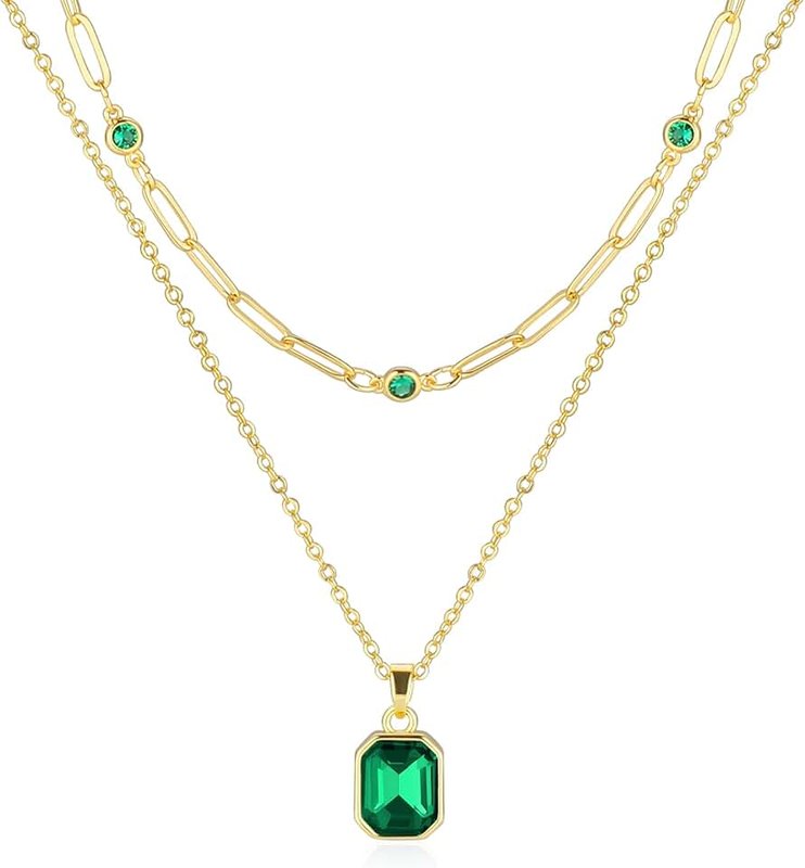 Secroma Gold Layered Necklaces for Women, 18k Gold Plated Crystal Necklace Paperclip Choker Emerald Green Jewelry for Women Gifts