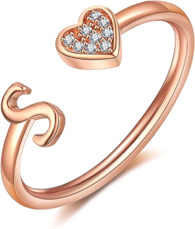 WFYOU Heart Initial Ring for Women Teen Girls Silver Rose Gold Plated Heart Capital Letter Initial Rings Stackable Rings for Women Girls Adjustable Heart Alphabet Letter Rings Jewelry Gifts for Women