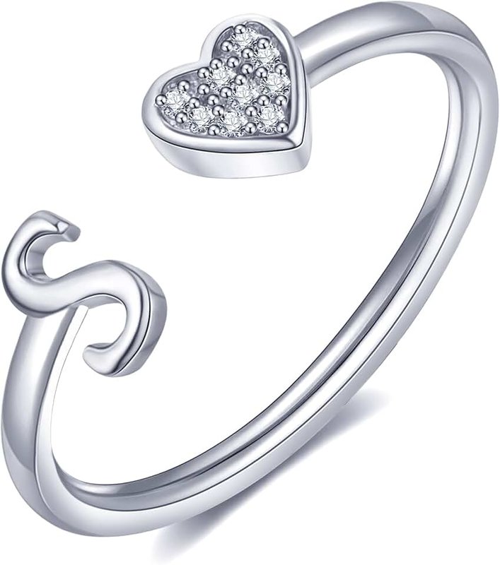 WFYOU Heart Initial Ring for Women Teen Girls Silver Rose Gold Plated Heart Capital Letter Initial Rings Stackable Rings for Women Girls Adjustable Heart Alphabet Letter Rings Jewelry Gifts for Women