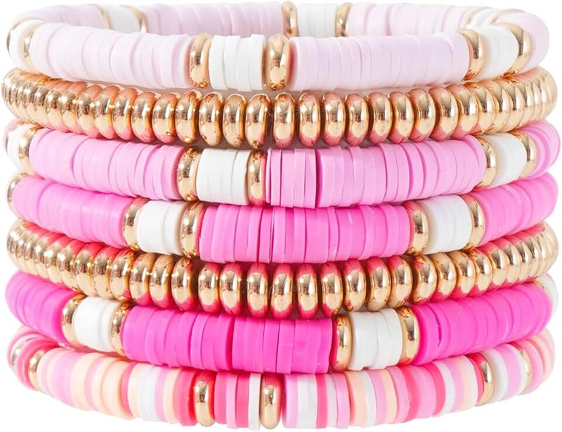 Pychee Summer Surfer Heishi Bracelet Set for Women Stackable Gold Plated Clay Ploymer Bead Stretch Pink Beach Layering Bracelets Jewelry