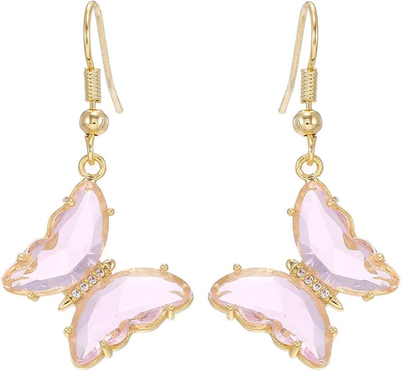 Hebelee CZ Butterfly Glass Drop Dangle Earrings for Women Teen Girls 925 Sterling Silver Post Pin Cubic Zirconia Gold Plated Hypoallergenic Nickel Free Cute Charms Dangling Stud Earring Dainty Dainty