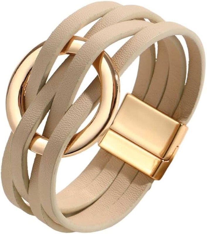 Fuqimanman2020 Circle Charm Leather Wrap Bracelet Boho Handmade Layered Cuff Bracelets for Women Teen Bohemian Multi Strand Bangle Bracelets Holiday Jewelry