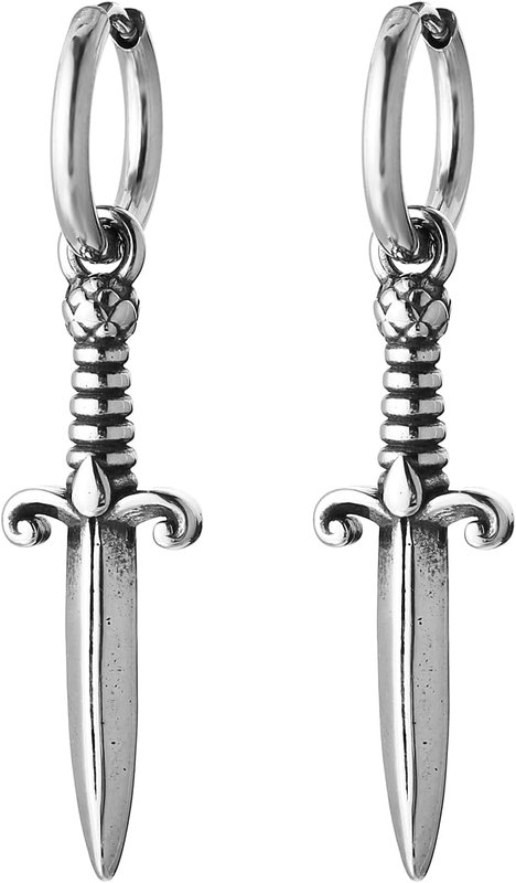 HZMAN Sword/Cross/Awl Spike Dangle Earrings for Men Women Boys Gothic Punk Stainless Steel Hinged Huggie Hoop Earring Jewelry Gift