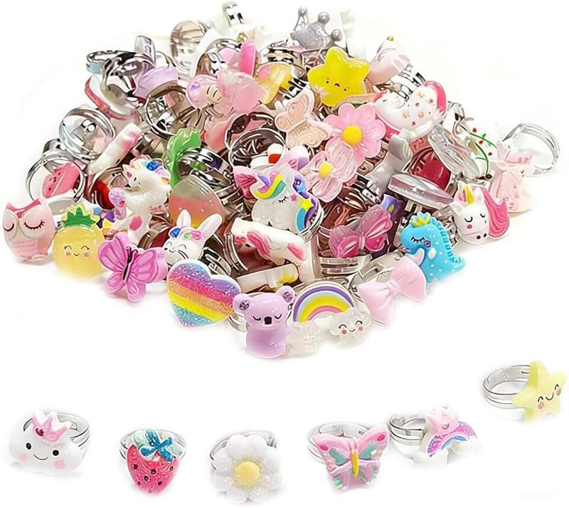 48 PCS Girls Play Rings，Children Kids Hobby,Adjustable Ring,Pretend Play and Dress up Rings,Random Shape and Color