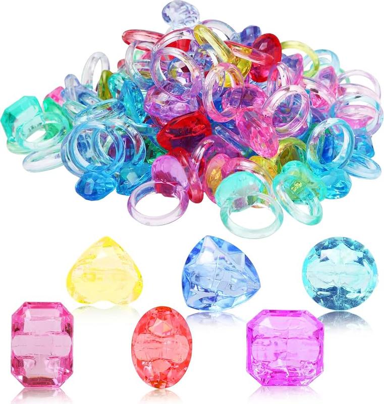 100 Pcs Gem Rings Toys for Kids, Bulk Toys Diamond Ring Party Favors for Boys Girls Toddlers, Colorful Princess Ring Dress Up Accessories for Carnival PrizesGoodie Bag Stuffers, Pinata Fillers,