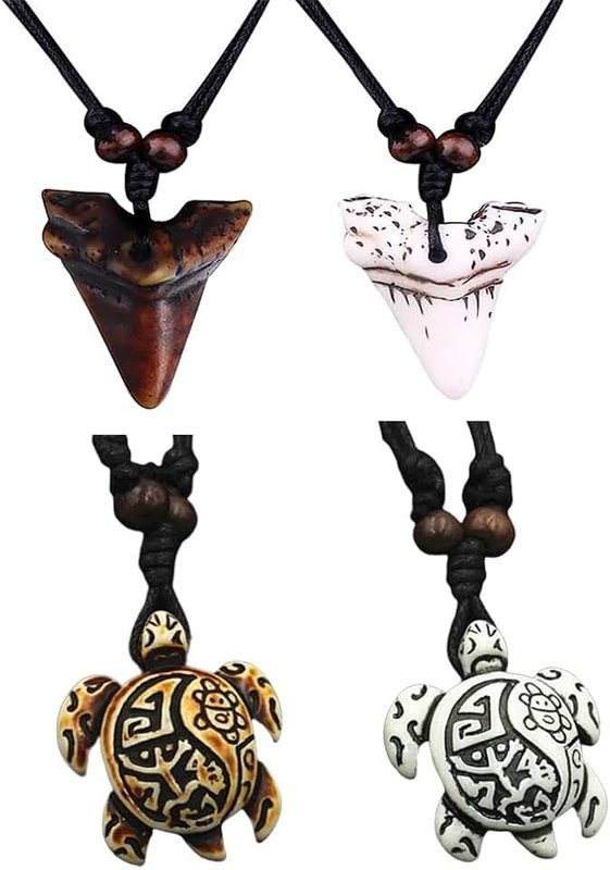 Hewill 4Pcs Turtle Shark Tooth Necklace Pendant Bohemian Handmade Waterproof Surfer Necklace for Women Men Summer Beach Jewelry Gift
