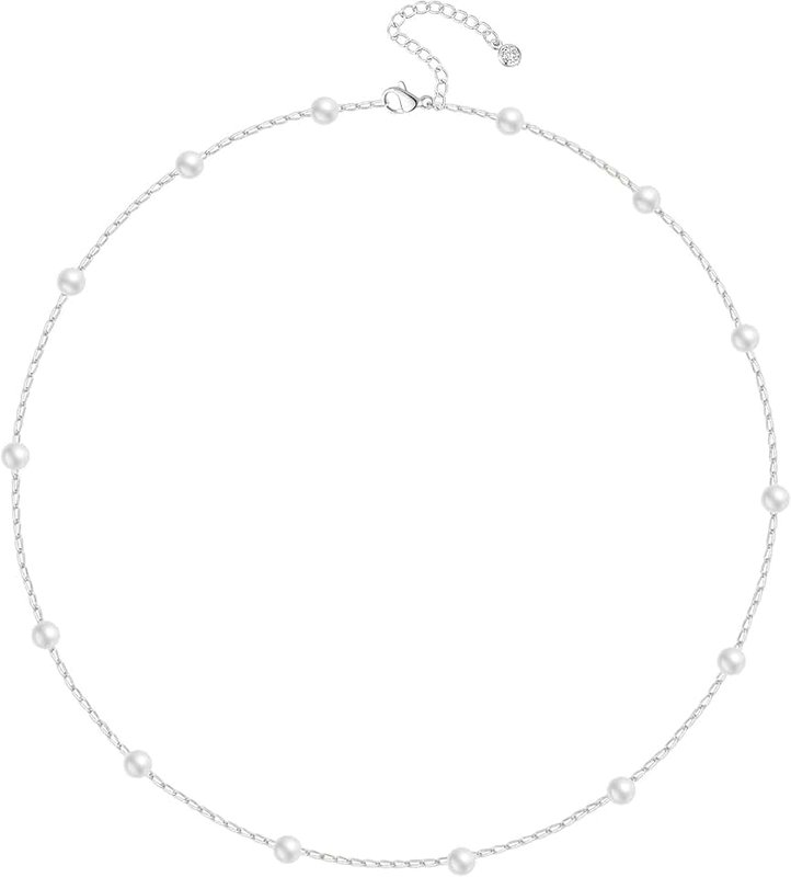 FUNEIA Dainty Pearl Necklace for Women Girls 14K Gold Plated Faux Pearl Choker Necklaces Trendy White Silver Small Pearl Necklace Strand Wedding Prom Bridal Pearls Jewelry 14/16/18/20 Inches