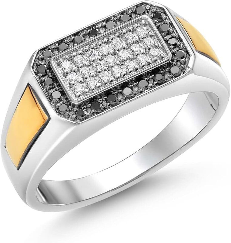 Gem Stone King Men's 925 Sterling Silver and 10K Yellow Gold Black Diamond and White Lab Grown Diamond Ring (0.43 Cttw, 9.5MM Width, Available in Size 7,8,9,10,11,12,13)