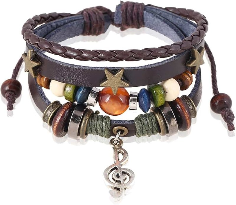 Dmaiy Leather Music Bracelets Braided Beaded Bracelet Black Stackable Bracelets for Women and Men