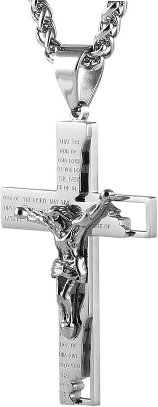 HZMAN Men's Stainless Steel Cross Crucifix Bible Prayer Pendant Necklace 22+2" Chain