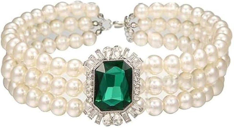 Dcfywl731 Pearl Choker Necklace for Women Emerald Necklace Stretch Multilayer Choker Necklaces Dainty Pearl Beaded Choker Necklace Green Crystal Necklace Prom Costume Jewelry for Girls