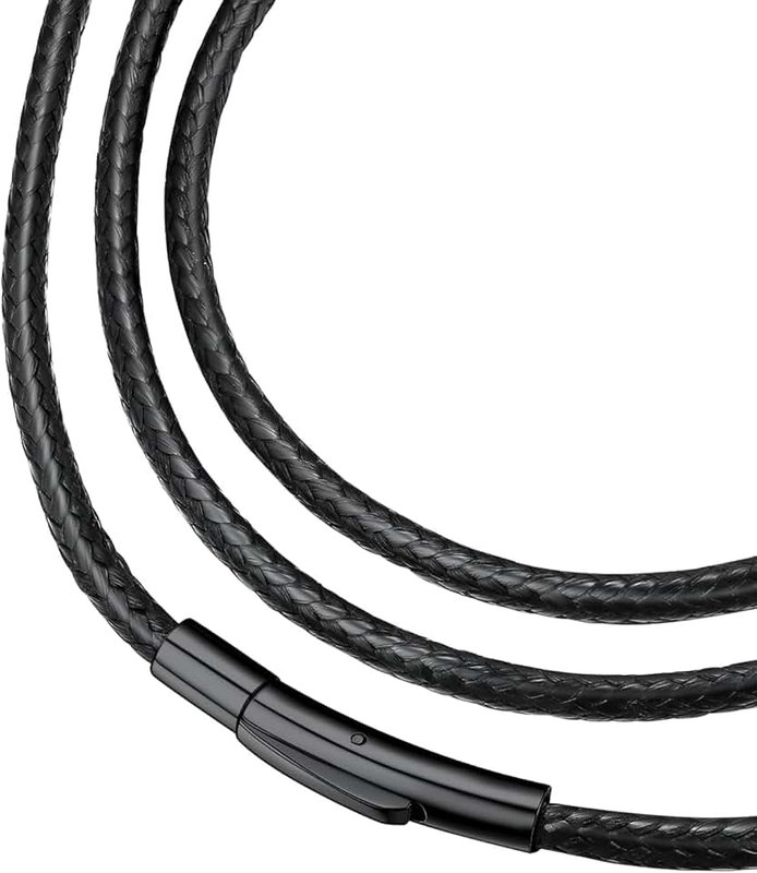 FaithHeart Braided Leather 2MM/3MM Necklace Cord for Men with Stainless Steel Snap Clasp, Waterproof Woven Wax Rope Chain for Pendant (Gift Box)