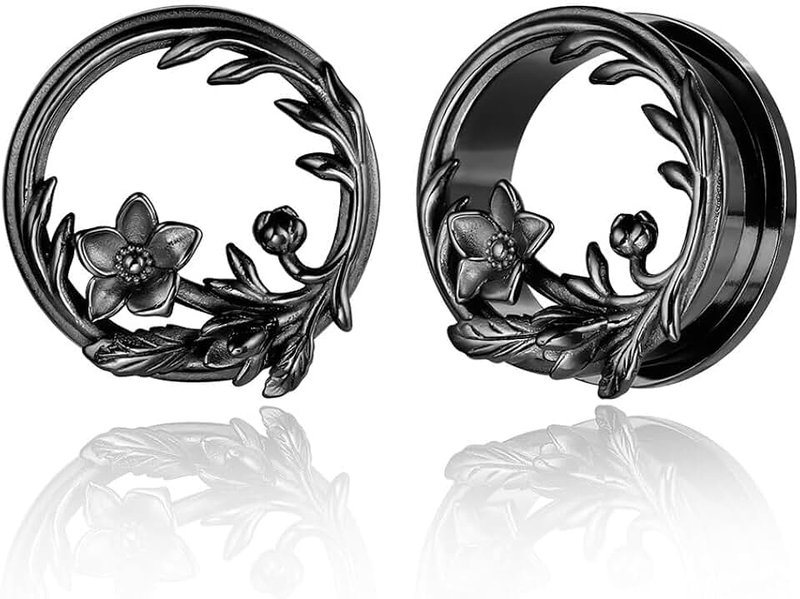 LADEMAYH 2 PCS Cute Flower Design Ear Plugs Tunnels Gauges for Women - Black Stainless Steel 316L Body Piercing Basic Earrings for Stretched Earlobe