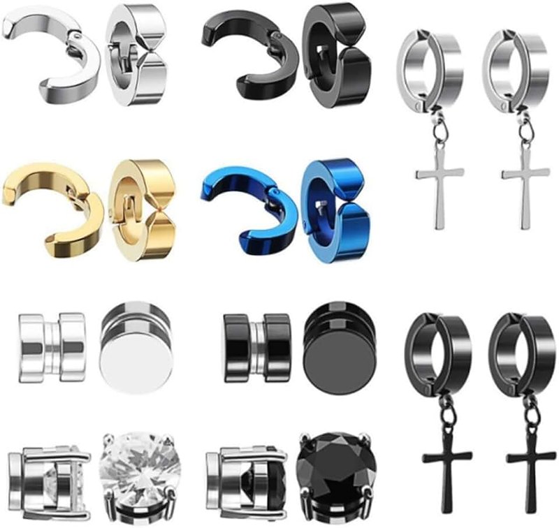 Naisfei 10 Pairs Earring Men, Magnetic Stud Earrings Stainless Steel Magnetic Earrings, Non-Piercing Cross Dangle Hoop Earrings Unisex Gauges Clip on Earring Black CZ Magnet Earring Set