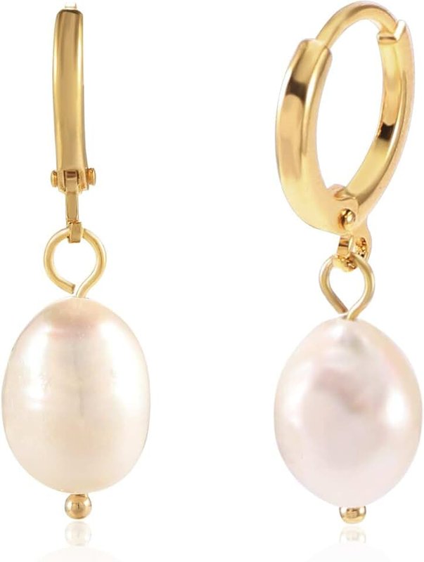Lian 18K Gold Plated Hoop Earrings Freshwater Pearl Huggie Earrings Chunky Hoops Drop Dangle Earrings for Women Dainty Jewelry Gifts