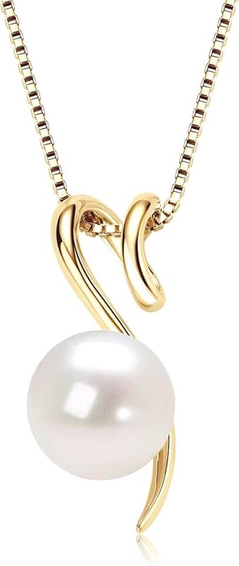 DENGGUANG 18K Gold Freshwater Cultured White Pearl Necklace, 8-10mm Single Pearl Pendant with 18" Sterling Silver Chain, Mothers Day Anniversary Birthday Wedding Jewelry Gifts for Women