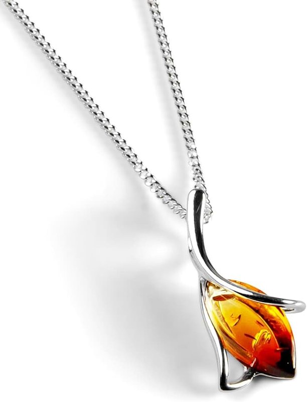 HENRYKA 925 Sterling Silver Sunset Necklace with Genuine Cognac Baltic Amber | Pendant Accessory | Hypoallergenic Women's Jewellery & Gift with Box for Her