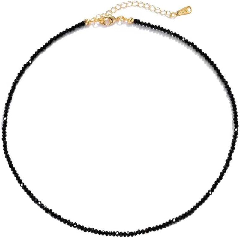 VOPIPO Dainty Black Spinel Beaded Choker Necklace for Women Trendy Natural Shiny 3mm Black Agate Crystal Stone Necklace 18k Gold Plated Chain Adjustable Cute Necklace Jewelry for Teen Girls Gifts