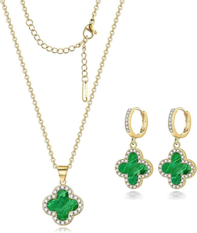 Feasnow Clover Necklace and Clover Earrings Black White Green Red Pendant 18k Gold Plated Lucky Clover Jewelry Set for Women Trendy