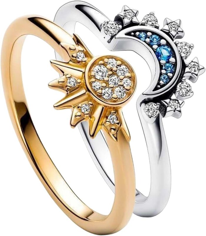 HEIMAXING 1 Pair Celestial Sun and Moon Ring Set, Sparkling Sun Moon Ring with 14k Gold/Silver Plating, Friendship Promise Matching Rings, Anniversary Birthday Gifts for Women, 6, Metal, Cubic
