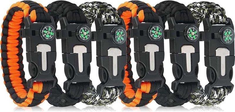 JIAYUYUARPY 6 Pack Paracord Survival Bracelet, multitools, fire starter, compass, and whistle. Perfect for hiking, camping, fishing and hunting gear emergency kit.(Orange and black, black, army green, 2 pieces each)