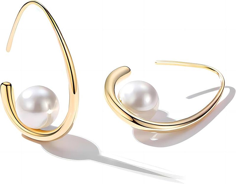Forrylin 18K Plated Minimalist Pearl Hoop Earrings - Trendy Geometric Shaped Gold Pearl Earrings for Women, Fashion Jewelry