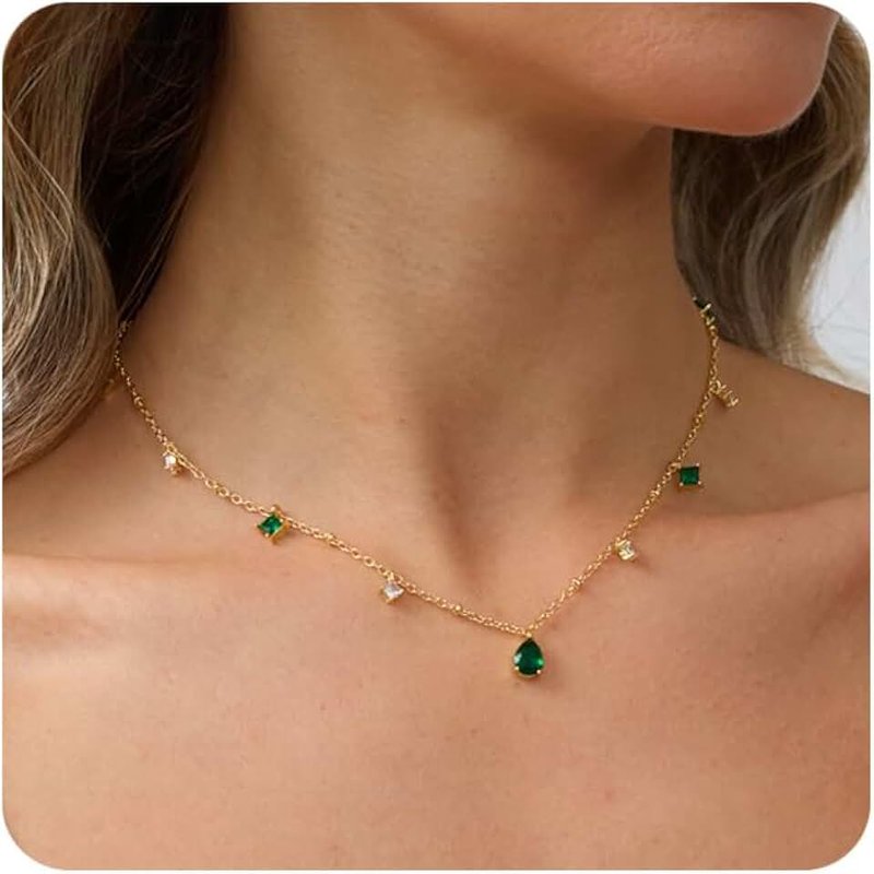 RLMOON Gold Necklace for Women 14K Gold Plated CZ Diamond Choker Necklace Red Emerald Green Blue Black Teardrop Necklace for Bridesmaid Prom Trendy Gold Jewelry Gift